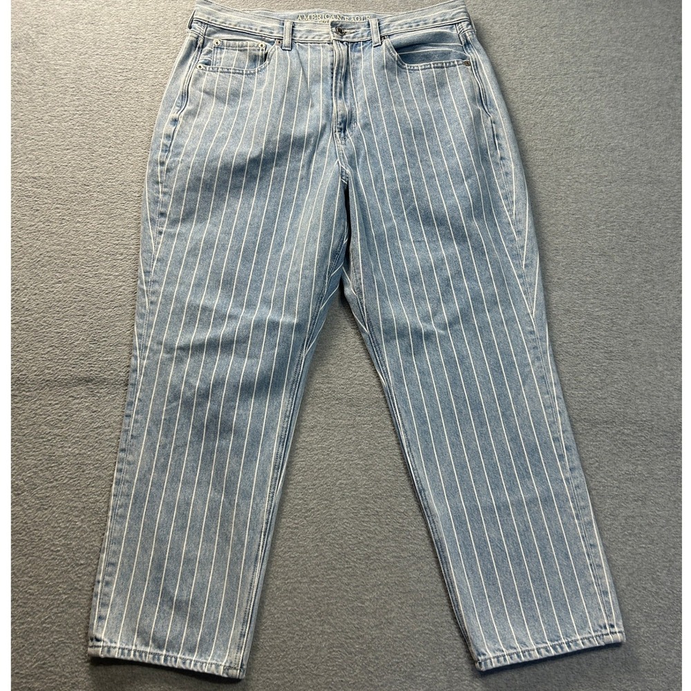 American Eagle Mom Jeans Womens 12 Short Striped Light Wash Blue Cotton Straight
